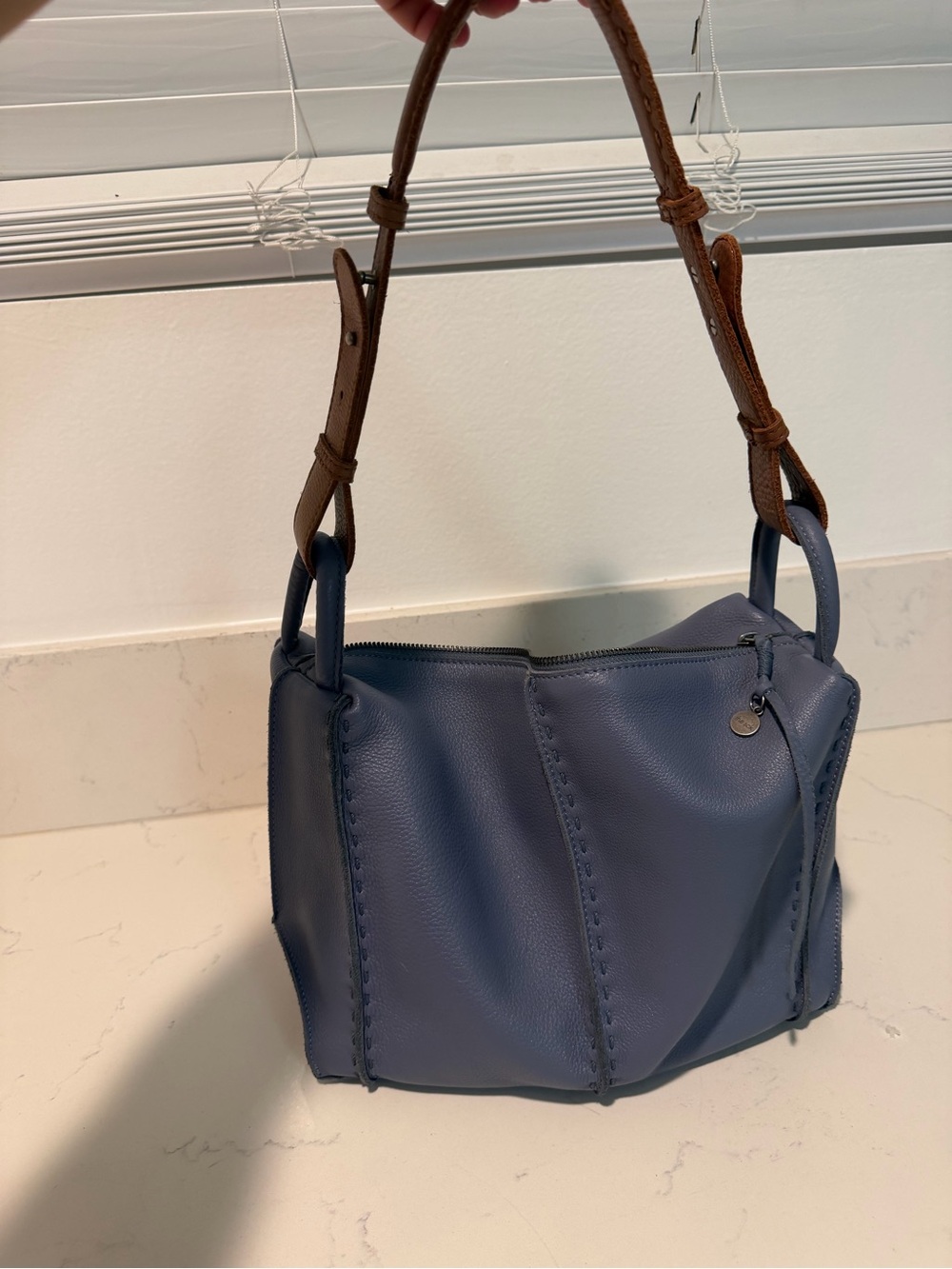 The Sak Blue Shoulder Bag with Brown Leather Strap